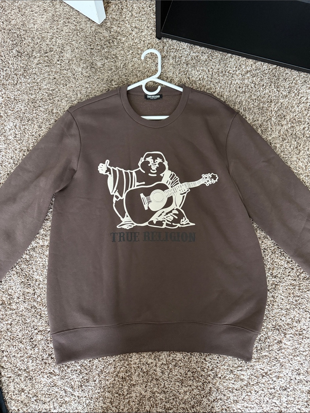 True Religion Brown Crewneck Sweatshirt with Cream Buddha Graphic